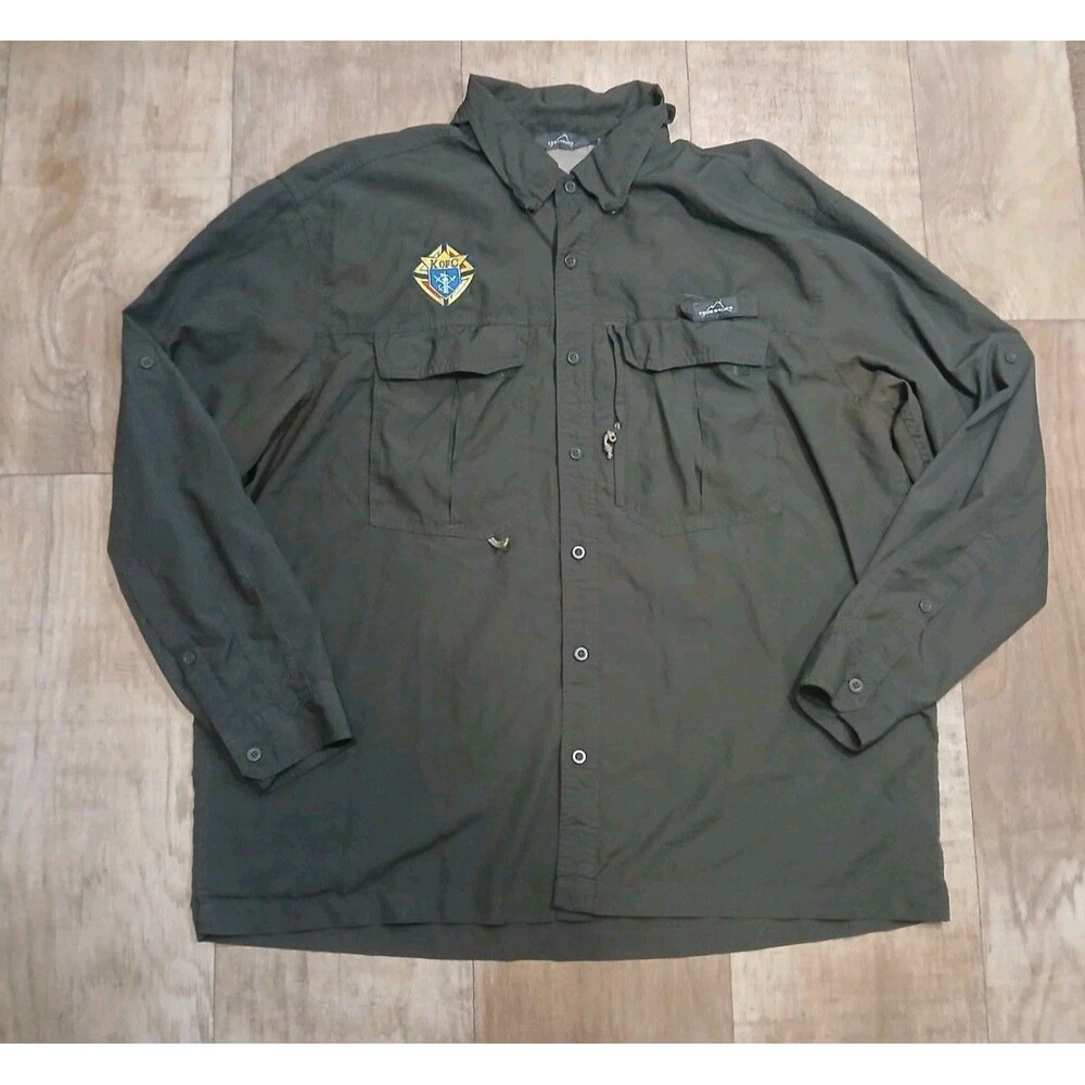 Eddie Bauer Shirt 2XL Dark Green Long Sleeve Vented Fishing Embroidered KofC